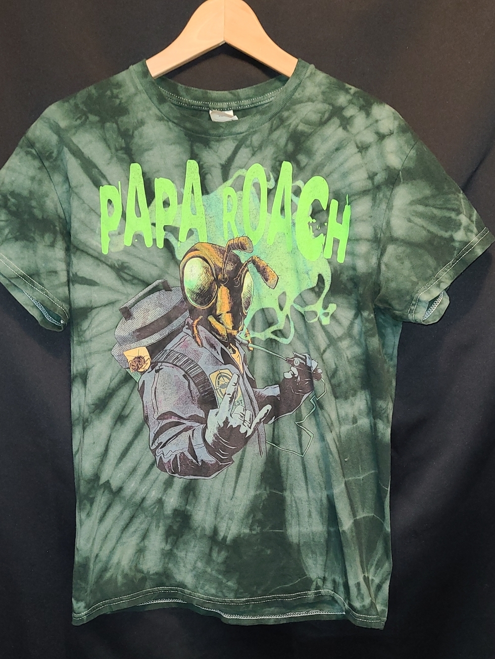 Papa Roach Exterminator tour t-shirt featuring a green tie-dye design